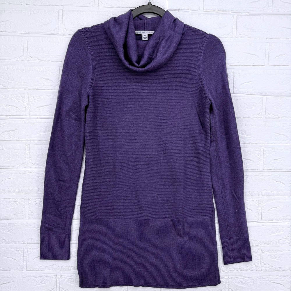 Adrienne Vittadini Cowl Neck Sweater Women XS Purple Ribbed Tunic Knit Top